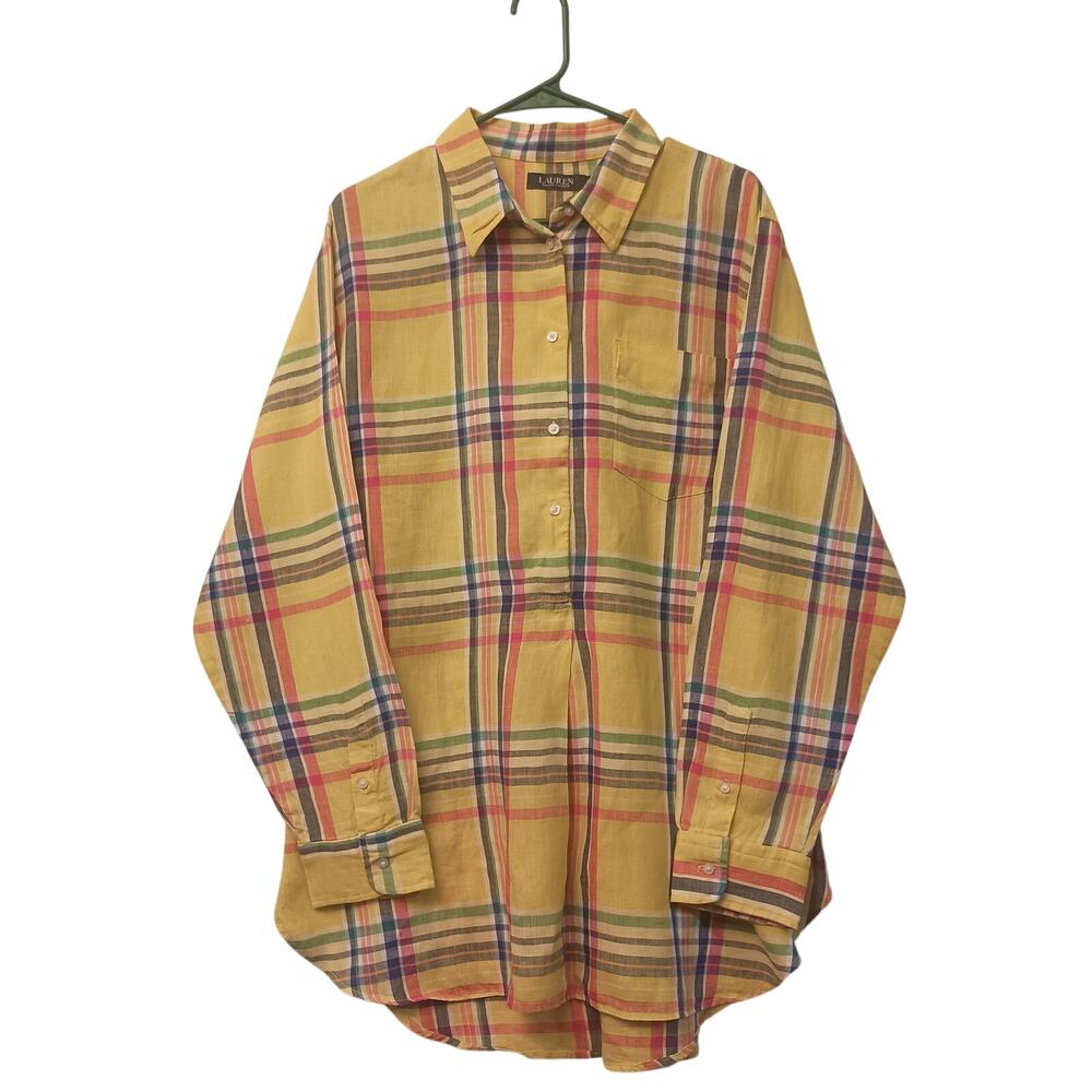 Lauren Ralph Lauren Yellow Plaid Linen Boyfriend Shirt Tunic Pull Over Button 2X